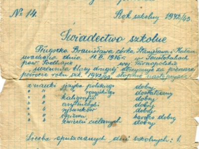       Świadectwo półroczne Bronisławy Sługockiej z Polskiej Szkoły Początkowej za rok szkolny 1942/43 i II klasę