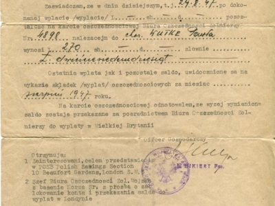 Zaświadczenie Pawła Wutkego o posiadanej kwocie pieniędzy (270 zł.) składanej za pośrednictwem Biura Oszczędności Żołnierzy