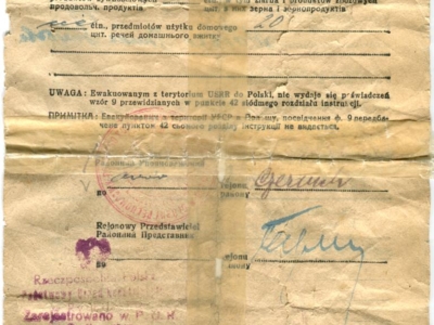 Karta repatriacyjna Janiny Malko, powracającej do Polski z ZSRS wraz z synem Jackiem