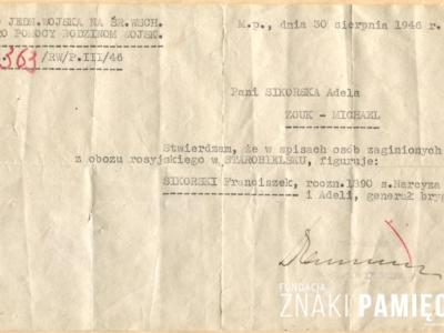      Pismo do Adeli Sikorskiej z Biura Pomocy Rodzinom Wojskowym Dowództwa Jednostki Wojska [Polskiego] na Środkowym Wschodzie w sprawie zaginięcia generała Franciszka Sikorskiego przetrzymywanego przez Sowietów w obozie w Starobielsku