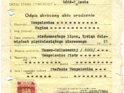      Odpis skrócony aktu urodzenia w Związku Sowieckim wystawiony dla Reginy Uszpolewicz