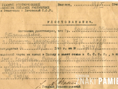 Zaświadczenie zezwalające Stanisławie Sadowskiej, deportowanej w głąb ZSRS, na wyjazd do Polski wraz z synem Ryszardem
