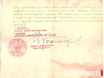 Pismo potwierdzające pobyt gen. Franciszka Sikorskiego w Starobielsku