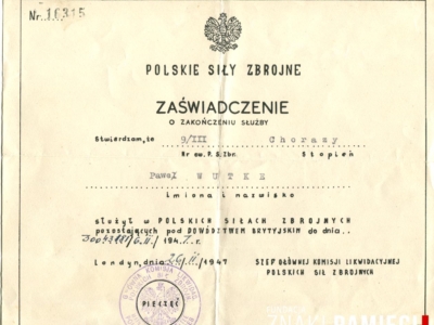 Zaświadczenie z Polskich Sił Zbrojnych o zakończeniu służby wojskowej przez Pawła Wutkego