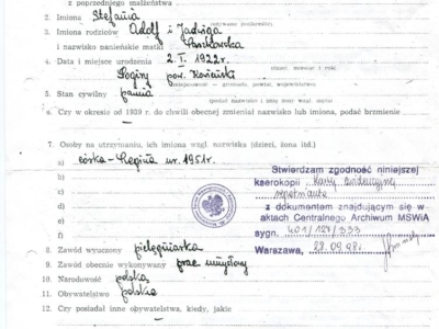 Karta ewidencyjna repatrianta wydana Stefanii Uszpolewicz