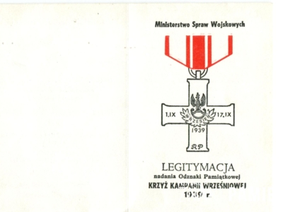 Legitymacja nadania odznaki pamiątkowej Krzyża Kampanii Wrześniowej 1939 Jakubowi Mirasiowi