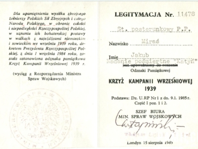 Legitymacja nadania odznaki pamiątkowej Krzyża Kampanii Wrześniowej 1939 Jakubowi Mirasiowi