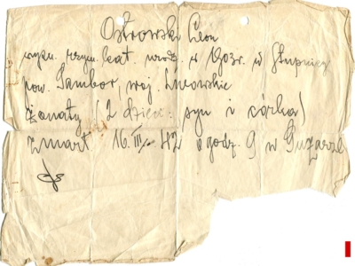Zaświadczenie o śmierci Leona Ostrowskiego (16 marca 1942 w Guzarze) w ZSRS