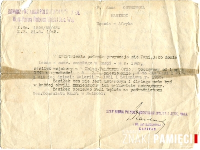 Pismo z Dowództwa Armii Polskiej na Wschodzie o przyznaniu zasiłku wojskowego po zmarłym mężu Leonie dla Anny Ostrowskiej