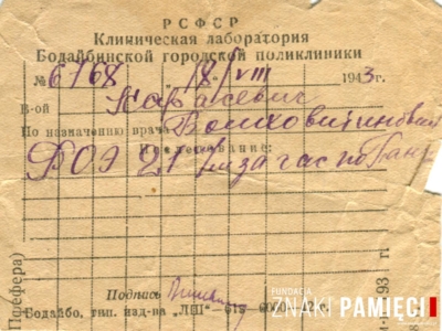      Karta zabiegowa Jana Korasiewicza ze szpitala w Bodajbo