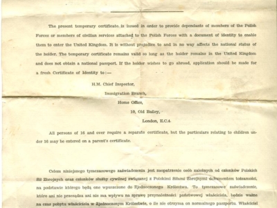     Tymczasowe zaświadczenie dla osób zależnych od członków Polskich Sił Zbrojnych przybywających do Zjednoczonego Królestwa, jak również dla służby cywilnej związanej z Polskimi Siłami Zbrojnymi, którzy również przybywają do Zjednoczonego Królestwa – wydane Pawłowi Wutkemu