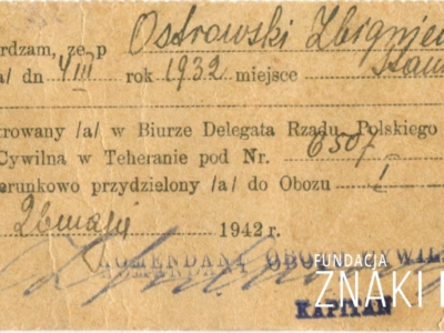      Dokument potwierdzenia przybycia Zbigniewa Ostrowskiego z ZSRS do Iranu