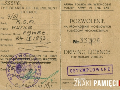 Pozwolenie na prowadzenie wojskowych pojazdów mechanicznych wystawione dla Pawła Wutkego przez Dowództwo 2. Korpusu