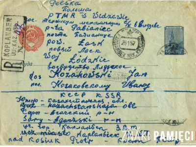      Korespondencja Piotra Kosiuka do Jana Kozakowskiego, wysłana z zesłania w Kazachstanie do przyjaciela w Polsce - koperta