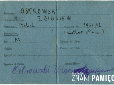 Legitymacja identyfikacyjna Zbigniewa Ostrowskiego ewakuowanego z ZSRS do Iranu w 1942 roku