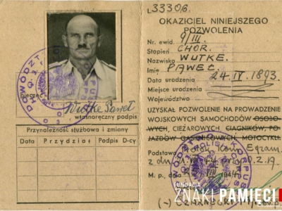 Pozwolenie na prowadzenie wojskowych pojazdów mechanicznych wystawione dla Pawła Wutkego przez Dowództwo 2. Korpusu