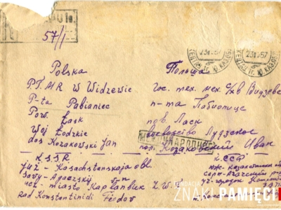      Korespondencja Fiodora Konstantinidysa do Jana Kozakowskiego, wysłana z zesłania w Kazachstanie do przyjaciela w Polsce - koperta
