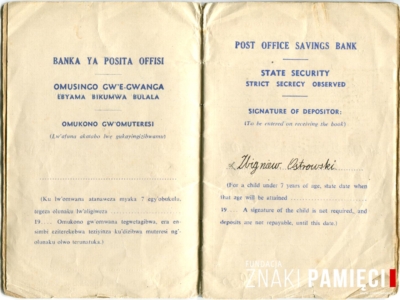 Książeczka oszczędnościowa Zbigniewa Ostrowskiego wydana w okresie pobytu w osiedlu dla uchodźców polskich w Masindi