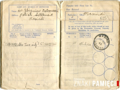 Książeczka oszczędnościowa Zbigniewa Ostrowskiego wydana w okresie pobytu w osiedlu dla uchodźców polskich w Masindi