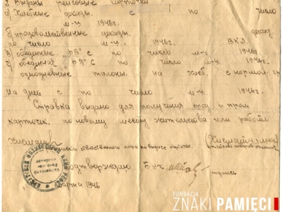 Zaświadczenie dla Apolonii Gniewczyńskiej o wydaniu chleba na powrót do Polski z ZSRS