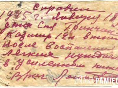      Zaświadczenie wydane Kazimierzowi Grenczakowi w sprawie konieczności lepszego odżywiania po przebytym zapaleniu płuc