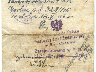 Karta repatriacyjna przyjazdu z ZSRS do Polski Marii Staniszewskiej wraz z synem Zdzisławem