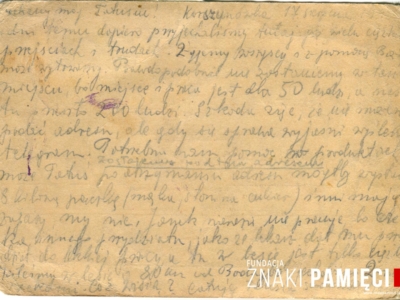  Kartka pocztowa wysłana przez Lidię Korasiewicz z Korszunówki w obwodzie irkuckim na Syberii do ojca – Kazimierza Piątkiewicza w Rogalinie w obwodzie stanisławowskim na „Zachodniej Ukrainie”