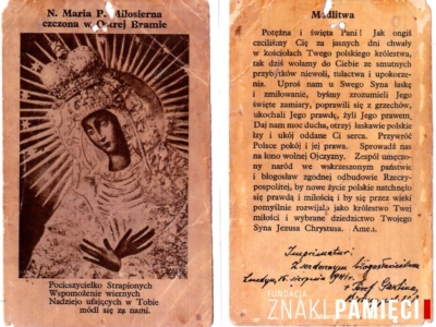 Obrazek Matki Boskiej Ostrobramskiej ofiarowany pani Rosik-Rosińskiej w 1941 roku w Kazachstanie przez biskupa polowego Wojska Polskiego Józefa Gawlinę wraz z błogosławieństwem zapisanym w Londynie