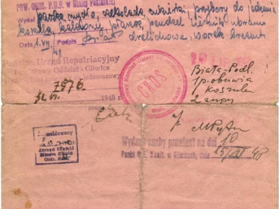 Przepustka z Państwowego Urzędu Repatriacyjnego dotycząca powrotu do Polski z internowania w ZSRS Władysława Grenczaka - byłego zołnierza Armii Krajowej