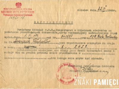      Zaświadczenie z Państwowego Urzędu Repatriacyjnego o powrocie do Polski z internowania w ZSRS Władysława Grenczaka (żołnierza Armii Krajowej)