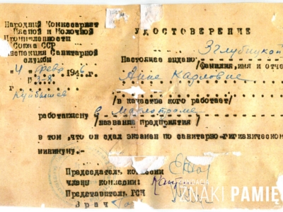 Zaświadczenie Anny Zgłobickiej o zdaniu egzaminu sanitarno-higienicznego