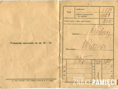 Książeczka wojskowa Andrzeja Wawera, funkcjonariusza Policji Państwowej, zamordowanego w ramach zbrodni katyńskiej