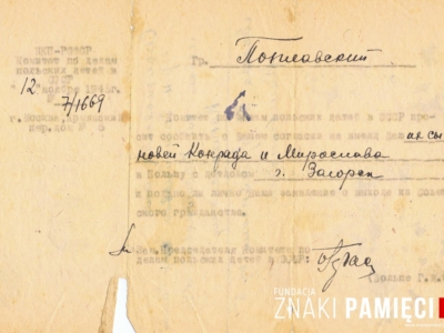 Pismo dotyczące repatriacji ze Związku Sowieckiego do Polski Mirosława Popławskiego i Konrada Popławskiego wraz z wychowankami domu dziecka