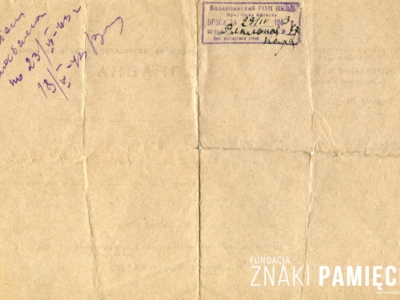 Zaświadczenie Lidii Korasiewicz o jej pobycie w więzieniu NKWD w okresie od 26 marca 1943 do 16 kwietnia 1943 i zwolnienie z odbywania kary