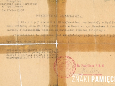 Poświadczenie obywatelstwa wydane Mirosławowi Popławskiemu przez Prezydium Powiatowej Rady Narodowej w Myśliborzu