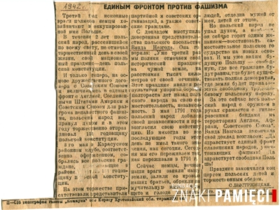 Artykuł z gazety sowieckiej o obchodach przez Polaków Święta 3 Maja (mylnie wziętych przez Sowietów jako obchody Święta 1 Maja)