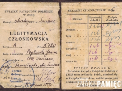      Legitymacja członkowska Związku Patriotów Polskich, należąca do Janiny Popławskiej