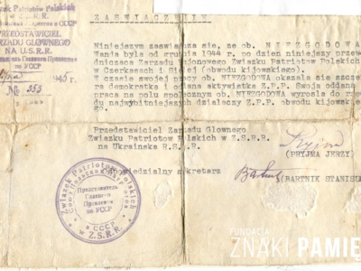 Zaświadczenie o działalności Wandy Niezgody w Związku Patriotów Polskich