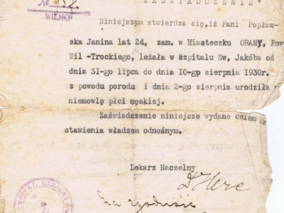 Zaświadczenie Janiny Popławskiej o jej pobycie w szpitalu i urodzeniu dziecka