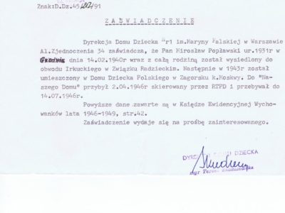 Zaświadczenie Mirosława Popławskiego, wydane przez warszawski dom dziecka, o jego wysiedleniu w głąb Związku Sowieckiego i pobycie tam w sierocińcu w Zagorsku