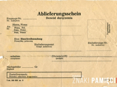 Blankiet dowodu doręczenia przesyłki z zapisaną na jego rewersie wiadomością od Jana Korasiewicza do pana Kamińskiego