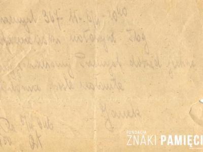 Blankiet dowodu doręczenia przesyłki z zapisaną na jego rewersie wiadomością od Jana Korasiewicza do pana Kamińskiego