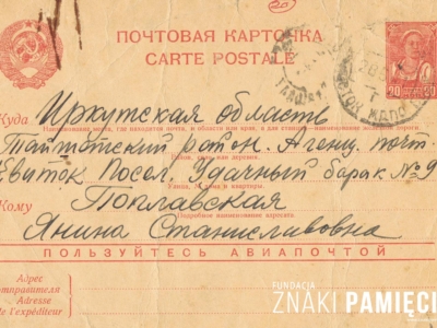 Kartka pocztowa do obwodu irkuckiego w ZSRS – do Janiny Popławskiej