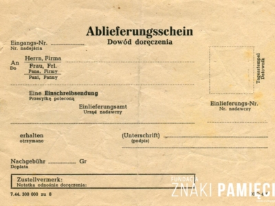 Blankiet dowodu doręczenia przesyłki z zapisaną na jego rewersie wiadomością od Jana Korasiewicza do pana Kamińskiego