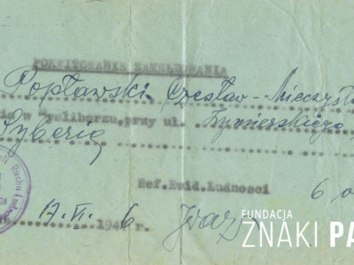      Pokwitowania zameldowania w Myśliborzu, wydane Mieczysławowi Popławskiemu przez Biuro Ewidencji i Kontroli Ruchu Ludności