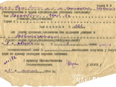      Zawiadomienie dla Jana Kozakowskiego o konieczności zgłoszenia się do miejscowości Kapłan-Biek w celu złożenia egzaminu na przyjęcie do lokalnego technikum