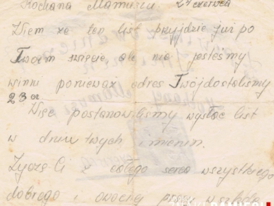 List-laurka wysłana do Janiny Popławskiej przebywającej w obwodzie irkuckim przez syna Mirosława