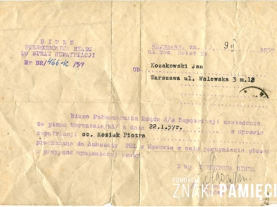     Pismo z Biura Pełnomocnictwa Rządu ds. Repatriacji ws. powrotu do Polski z zesłania Piotra Kosiuka (Koziuka) wysłane do Jana Kozakowskiego w odpowiedzi na jego list