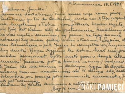 Kartka pocztowa do zesłanej w głąb ZSRS i przebywającej w Kazachstanie Janiny Małko od rodziny