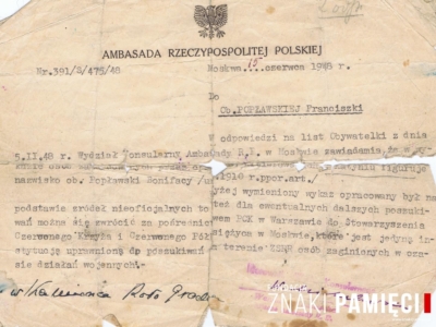 Pismo z Ambasady RP w Moskwie, wysłane do Janiny Popławskiej w odpowiedzi na jej list, w sprawie zbrodni katyńskiej i osób w jej ramach zamordowanych